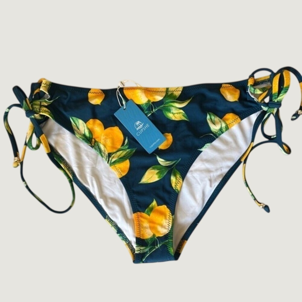Cupshe Lemon Print Mid Rise Bikini Bottom Womens XL Blue Yellow Side Ties NWT